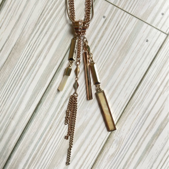 White House Black Market two tone triple chain mother of pearl tassel necklace - Picture 3 of 10